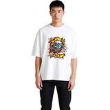 PayBuy Erkek Oversize Baskılı Tişört Alevli Şeytani Tasarım Retro Çizgili Günlük Rahat Modern Şık Konforlu - Beyaz - 2XL