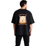 PayBuy Erkek Oversize Baskılı Tişört Kedi Desen Komik Yazı Detaylı Rahat Kesim Günlük Giyim Modern Şık - Siyah - XL