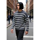 PayBuy Erkek Oversize Bisiklet Yaka Çizgili Selanik Dokuma Kalın Akrilik Kışlık Kazak Konforlu Stil - Antrasit - 2XL