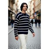 PayBuy Erkek Oversize Bisiklet Yaka Çizgili Selanik Dokuma Kalın Akrilik Kışlık Kazak Konforlu Stil - Lacivert