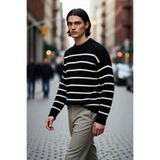 PayBuy Erkek Oversize Bisiklet Yaka Çizgili Selanik Dokuma Kalın Akrilik Kışlık Kazak Konforlu Stil - Siyah