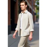 PayBuy Erkek Oversize Fit Dokuma Keten Görünümlü Gömlek Yaka Uzun Kollu Gömlek Gündelik Şıklık Şık