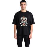 PayBuy Erkek Oversize Kafatası Baskılı Tişört Çiçek Haç Deseni Mitolojik Sanat Konforlu Günlük Rahat Modern - Siyah - 2XL