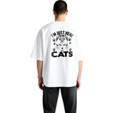 PayBuy Erkek Oversize Kedi Baskılı Tişört %100 Pamuk Rahat Kesim Kısa Kol Crew Yaka Komik Yazı Tasarım - Beyaz - XL
