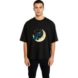 PayBuy Erkek Oversize Keman Çalan Astronot Ay Baskılı %100 Pamuk Rahat Kesim Tişört Günlük Modern Şık Zarif - Siyah