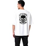 PayBuy Erkek Oversize Kısa Kollu Tişört %100 Pamuk Rock Müzik Baskılı Kafatası Desen Rahat Kesim Günlük - Beyaz - 2XL