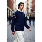 PayBuy Erkek Oversize Rahat Akrilik Bisiklet Yaka Triko Kazak Biye Detaylı Kışlık Modern Giyim Stili - Lacivert