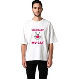 PayBuy Erkek Oversize Tişört %100 Pamuk Kedi Baskılı Grafik Desenli Günlük Rahat Kesim Komik Yazı Modern - Beyaz - XL