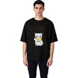 PayBuy Erkek Oversize Tişört %100 Pamuk Kedi Baskılı Grafik Mizah Tasarımı Rahat Kesim Günlük Modern Şık - Siyah