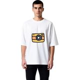 PayBuy Erkek Oversize Tişört Kamera Illüstrasyonu Baskılı Rahat Kesim Günlük Giyim Modern Şık Konforlu - Beyaz - 2XL