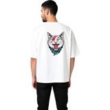 PayBuy Erkek Oversize Tişört Kedi Bandana Şimşek Baskılı Rahat Kesim Günlük Giyim Modern Şık Konforlu Zarif - Beyaz - 2XL