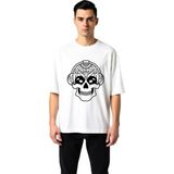 PayBuy Erkek Oversize Tişört Kulaklıklı Kafatası Mandala Desen Baskılı Sanat Motifli Rahat Kesim Günlük - Beyaz - XL