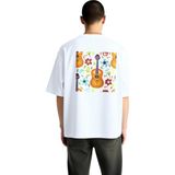 PayBuy Erkek Oversize Tişört Müzik Temalı Gitar Çiçek Desen Baskılı Rahat Kesim Günlük Giyim Modern Şık - Beyaz - 2XL