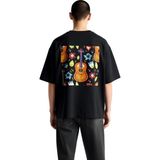 PayBuy Erkek Oversize Tişört Müzik Temalı Gitar Çiçek Desen Baskılı Rahat Kesim Günlük Giyim Modern Şık - Siyah - 2XL