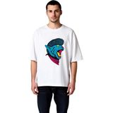 PayBuy Erkek Oversize Tişört Punk Estetik Kedili Bandanalı Ağız Yıldırım Motifli Sanat Baskısı Günlük Rahat - Beyaz
