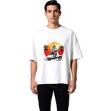 PayBuy Erkek Oversize Tişört Retro Scooter Baskısı Gün Batımı Motifi Vintage Stil Rahat Kesim Günlük Modern - Beyaz