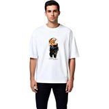 PayBuy Erkek Oversize Tişört Sevimli Ayı Grafik Baskı Headphone Tasarım Rahat Kesim Günlük Giyim Modern - Beyaz - 2XL