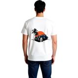 PayBuy Erkek Vintage Klasik Araba Baskılı Kısa Kollu Tişört Tropik Palmiye Desenli Rahat Kesim Günlük Şık - Beyaz