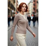 PayBuy Kadın Bej Fitted Fitilli Triko Kazak Ince Yapılı Çift Katman Görünümlü Ilkbahar Sonbahar Için Ideal - 3XL