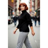 PayBuy Kadın Büyük Beden Relaxed Kalıp Triko Dik Yaka Uzun Kol Yanları Yırtmaçlı Kışlık Kazak Günlük Şıklık - Siyah - 2XL