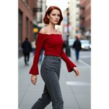 PayBuy Kadın Carmen Yaka Fitted Akrilik Triko Bluz Uzun Reglan Kollu Fitilli Dokuma Ilkbahar Sonbahar - Kırmızı