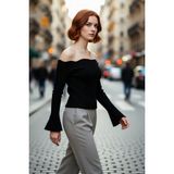 PayBuy Kadın Carmen Yaka Fitted Akrilik Triko Bluz Uzun Reglan Kollu Fitilli Dokuma Ilkbahar Sonbahar - Siyah - XS