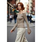 PayBuy Kadın Carmen Yaka Fitted Akrilik Triko Bluz Uzun Reglan Kollu Fitilli Dokuma Ilkbahar Sonbahar - Vizon