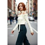 PayBuy Kadın Carmen Yaka Fitted Basic Akrilik Triko Uzun Kol Bluz Güllü Atkı Aksesuarlı Şık ve Modern Stil - Ekru