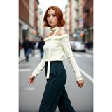 PayBuy Kadın Carmen Yaka Fitted Basic Akrilik Triko Uzun Kol Bluz Güllü Atkı Aksesuarlı Şık Ve Modern Stil