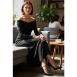 PayBuy Kadın Carmen Yaka Uzun Kol A Line Örme Sandy Kumaş Maxi Abiye Elbise Büzgü Detaylı Zarif Gece.