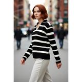 PayBuy Kadın Çizgili Oversize Polo Yaka Düşük Kol Akrilik Triko Kazak Kışlık Basic Tarzınızı Tamamlar - Siyah
