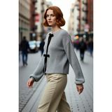 PayBuy Kadın Crop Regular Kalıp Çift Taraflı Kurdele Bağlamalı Düşük Kol Selanik Örgü Akrilik Triko Kazak - Gri
