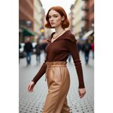 PayBuy Kadın Devrik Yaka Fitted Fitilli Triko Bluz Uzun Kol Crop Boy Ilkbahar Sonbahar Günlük Şıklığı - Kahverengi