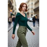 PayBuy Kadın Devrik Yaka Fitted Fitilli Triko Bluz Uzun Kol Crop Boy Ilkbahar Sonbahar Günlük Şıklığı - Zümrüt Yeşili