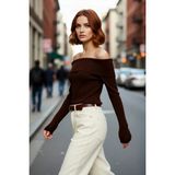 PayBuy Kadın Ekru Carmen Yaka Fitted Crop Triko Kazak Ilkbahar Sonbahar Için Şık ve Basic Tasarım - Kahverengi