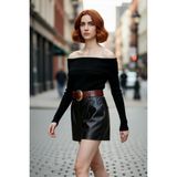 PayBuy Kadın Ekru Carmen Yaka Fitted Crop Triko Kazak Ilkbahar Sonbahar Için Şık ve Basic Tasarım - Siyah