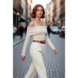 PayBuy Kadın Ekru Carmen Yaka Fitted Crop Triko Kazak Ilkbahar Sonbahar Için Şık ve Basic Tasarım - Taş