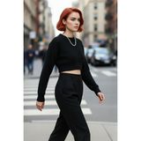 PayBuy Kadın Ekru Regular Kalıp Düşük Kol Bisiklet Yaka Super Crop Basic Triko Kazak Günlük Şıklık - Siyah - M