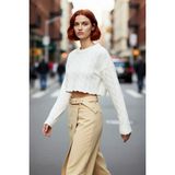 PayBuy Kadın Ekru Regular Kalıp Süper Crop Saç Örgü Bisiklet Yaka Uzun Kollu Akrilik Triko Kazak Modeli