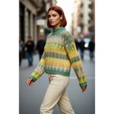 PayBuy Kadın Etnik Desenli Oversize Dik Yaka Düşük Kol Kalın Crop Triko Kazak Kışlık Günlük Şıklık - Yeşil