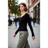 PayBuy Kadın Fitted Havuz Yaka İnce Triko Crop Bağlama Detaylı Uzun Kollu Modern Şık Günlük Kazak