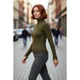 PayBuy Kadın Fitted Kesim Crop Dik Yaka Uzun Reglan Kollu Fitilli Triko Kazak Soğuk Havalar Için Şık ve - Haki