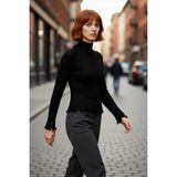 PayBuy Kadın Fitted Kesim Crop Dik Yaka Uzun Reglan Kollu Fitilli Triko Kazak Soğuk Havalar Için Şık ve - Siyah