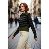 PayBuy Kadın Haki Çizgili Devrik Yaka Crop Triko Kazak Düşük Kollu Rahat Kışlık Basic Model Kaliteli