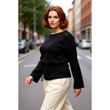 PayBuy Kadın Kayık Yaka Düz Regular Kalıp Uzun Kollu Triko Kazak Beli Kuşaklı Şık Baharlık Stil Kaliteli - Siyah - 2XL