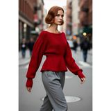PayBuy Kadın Kırmızı Regular Kalıp Kayık Yaka Balon Kol Crop Triko Kazak Gündüz Gece Şıklığı Sunar
