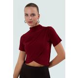 PayBuy Kadın Kısa Kollu Örme Crop Bluz Dik Yaka Şık Yazlık Rahat Ve Dayanıklı Malzeme