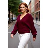 PayBuy Kadın Kruvaze V Yaka Bağlamalı Arkası Açık Triko Kazak Yarasa Kol Düz Selanik Dokuma Kışlık - Bordo - 4XL