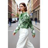 PayBuy Kadın Oversize Baklava Desenli Düşük Kol Bisiklet Yaka Triko Crop Kazak Kış Sezonu Için Ideal - Mint