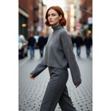 PayBuy Kadın Oversize Balıkçı Yaka Düşük Kol Süper Crop Triko Kazak Kış ve Sonbahar Için Ideal Günlük - Antrasit - M